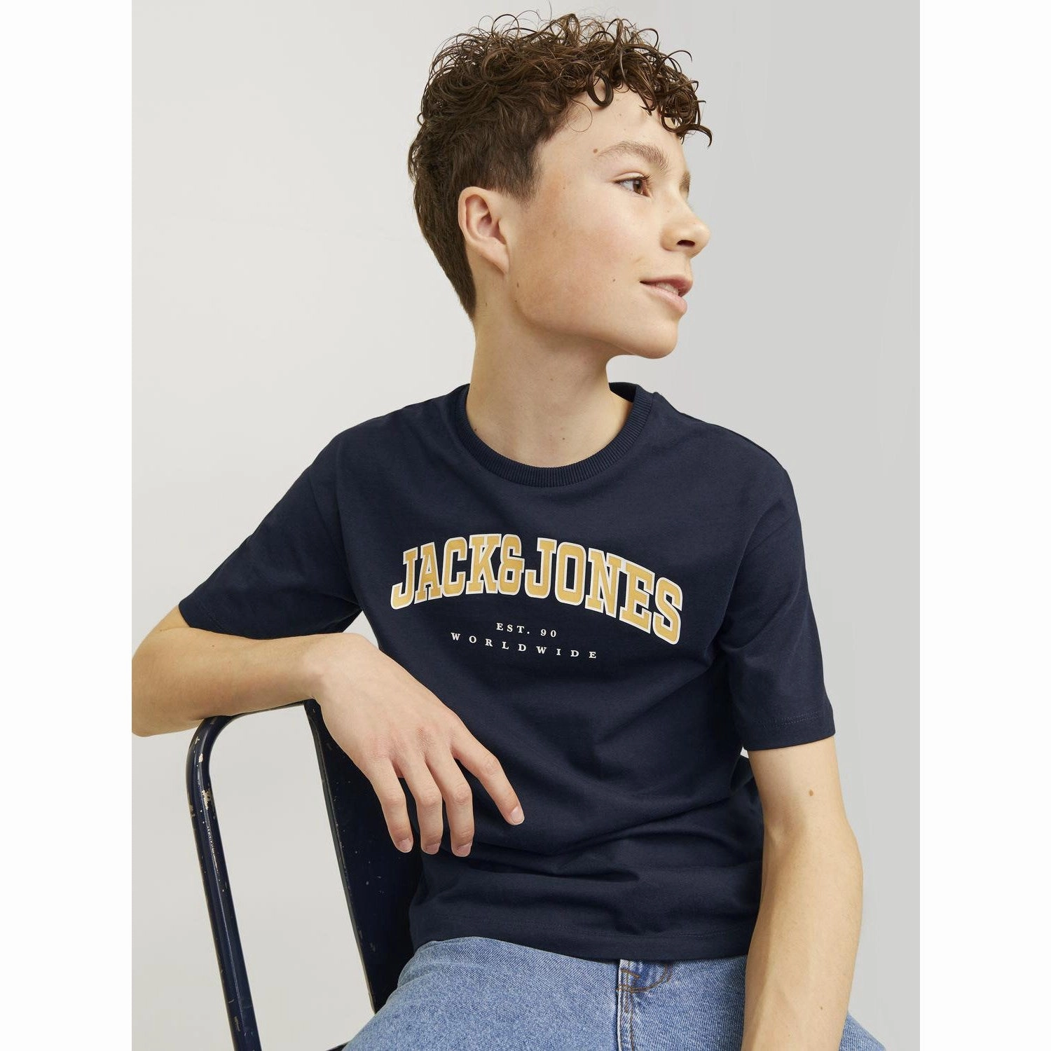 Jack & Jones Junior Navy Blazer Caleb Varsity T-Shirt O-Neck Noos Stretchable Geometric Pattern