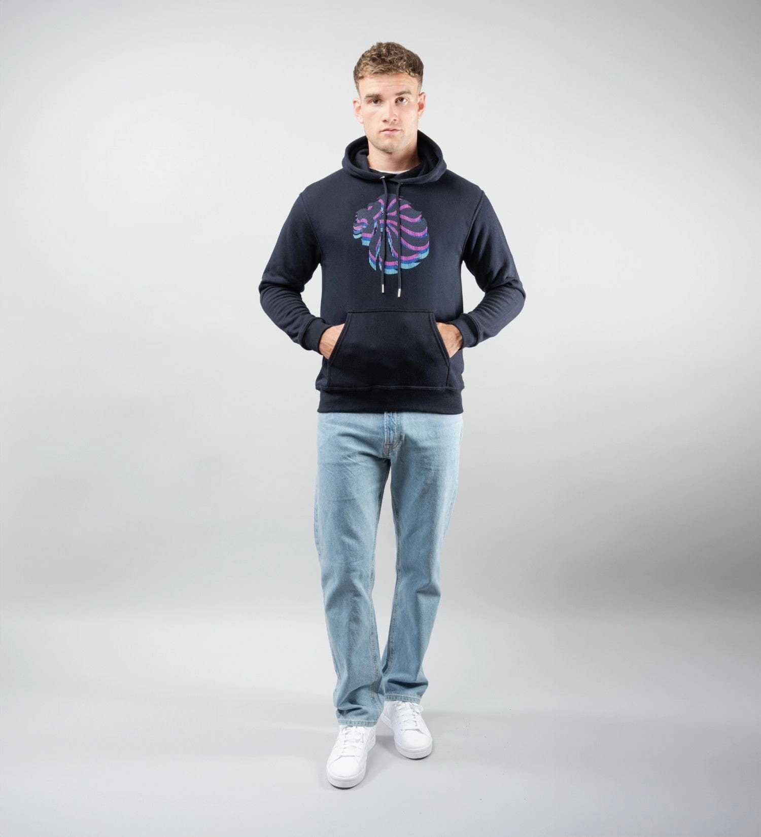 Animal Print Adult Team GB Stacked Large Lion Hoodie  - Navy