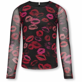 kids ONLY Black Fading Lips Paris O-Neck Mesh Blouse Geometric Pattern Must-Have Item