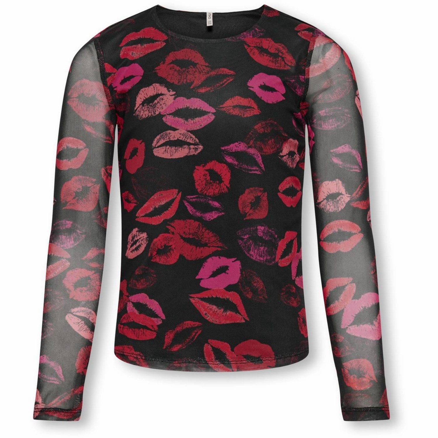 kids ONLY Black Fading Lips Paris O-Neck Mesh Blouse Geometric Pattern Must-Have Item