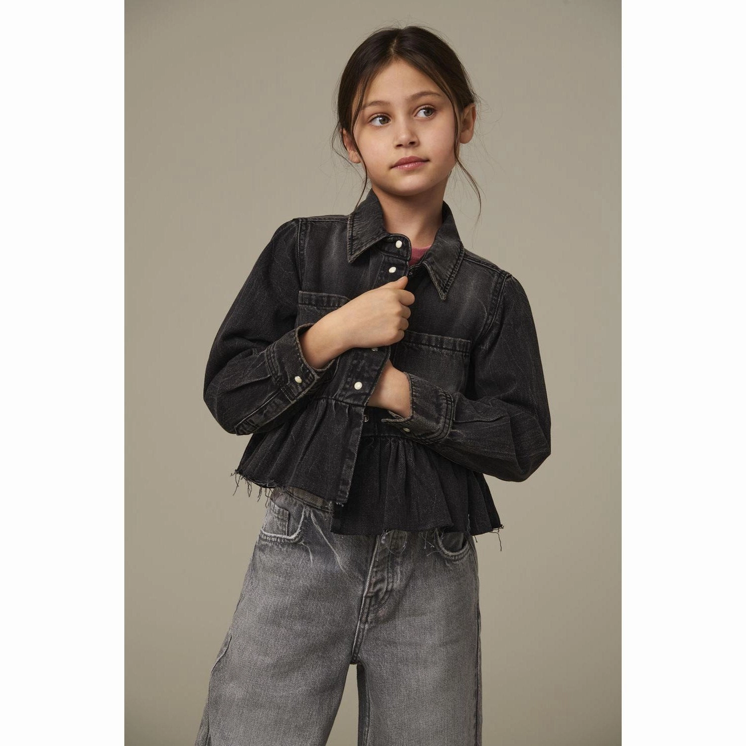 kids ONLY Washed Black Broadway Frill Denim Shirt Red Akm Athletic Cut