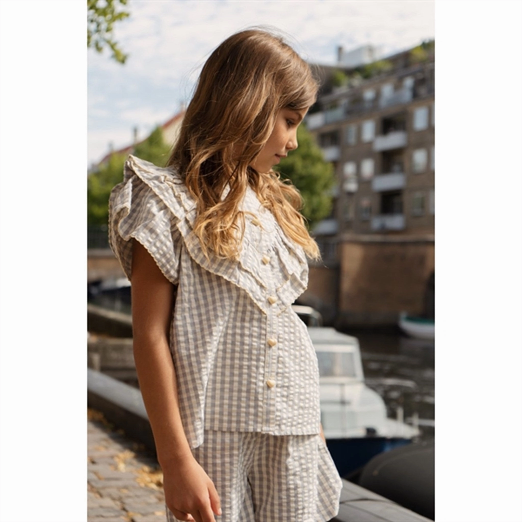 Konges Sl?jd Sleet Check Kim Frill Shirt Athleisure Wear Chambray Fabric