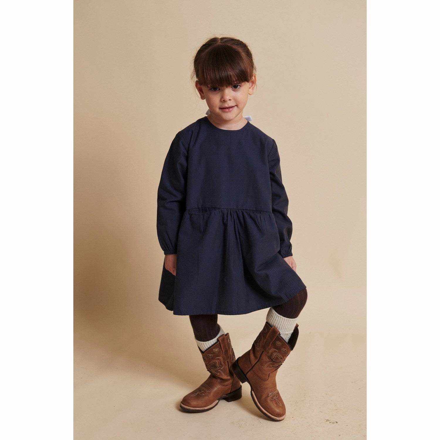 Relaxed day dress COPENHAGEN COLORS Brown/Blue Check Comb. Checkered Dress W. Backside Bow