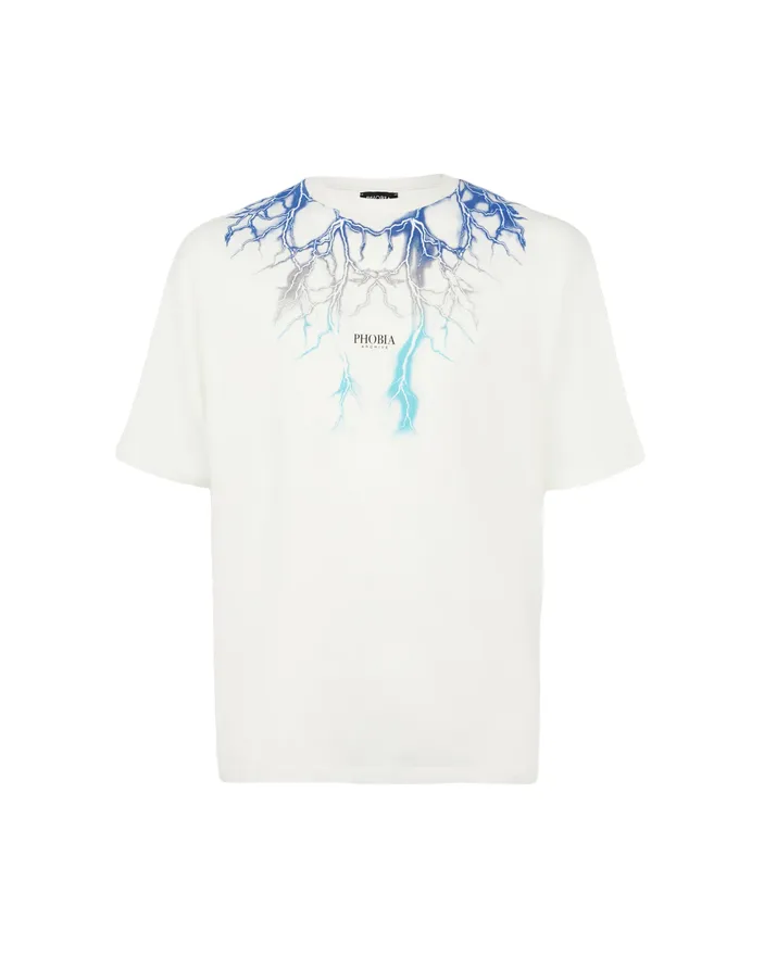 Phobia T-shirt unisex bianca con fulmini blu grigi azzurri PH00107BLGRLB Fashionable Piece
