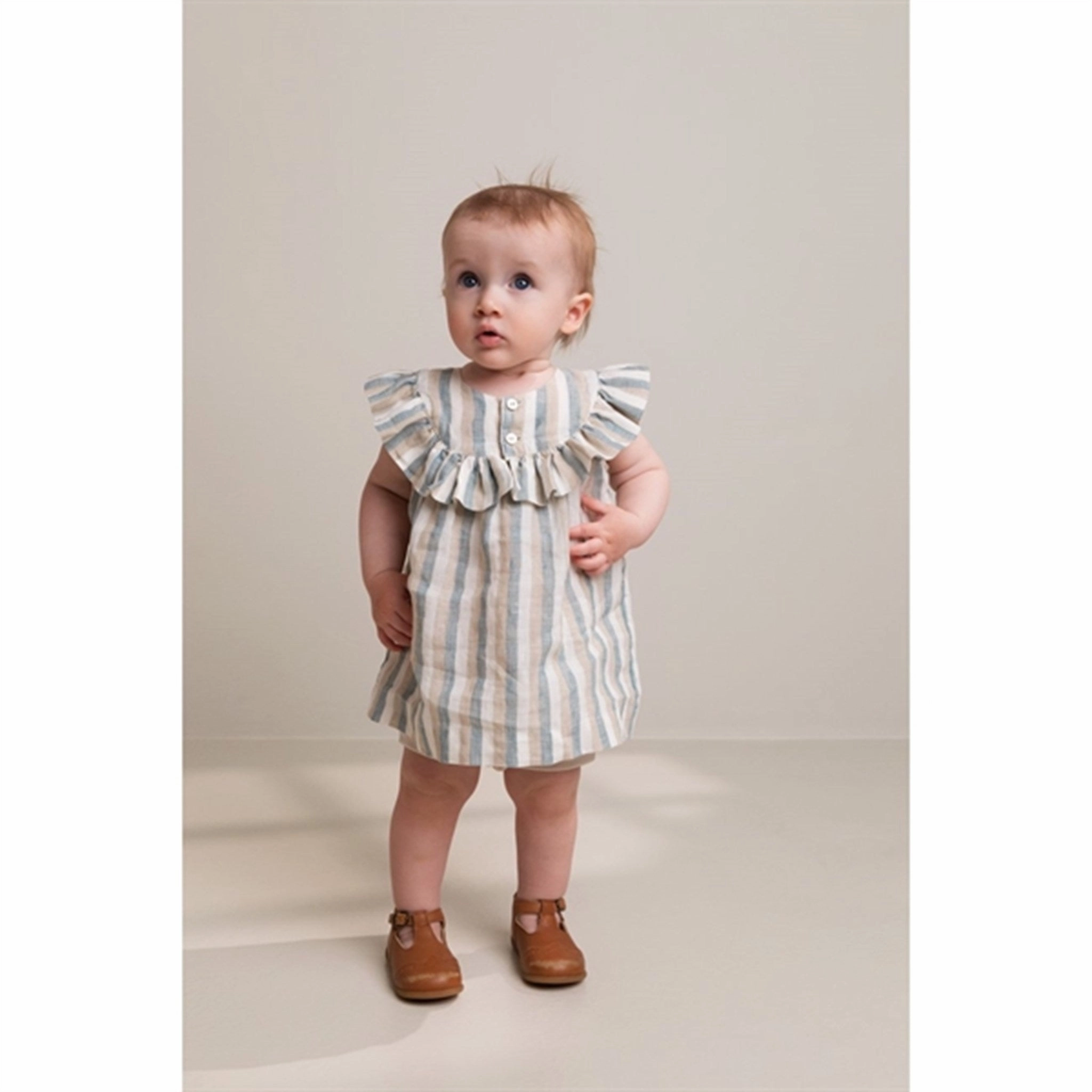 Relaxed and Effortless Shine Skin MarMar Dusty Blue Stripe Drussa Dress