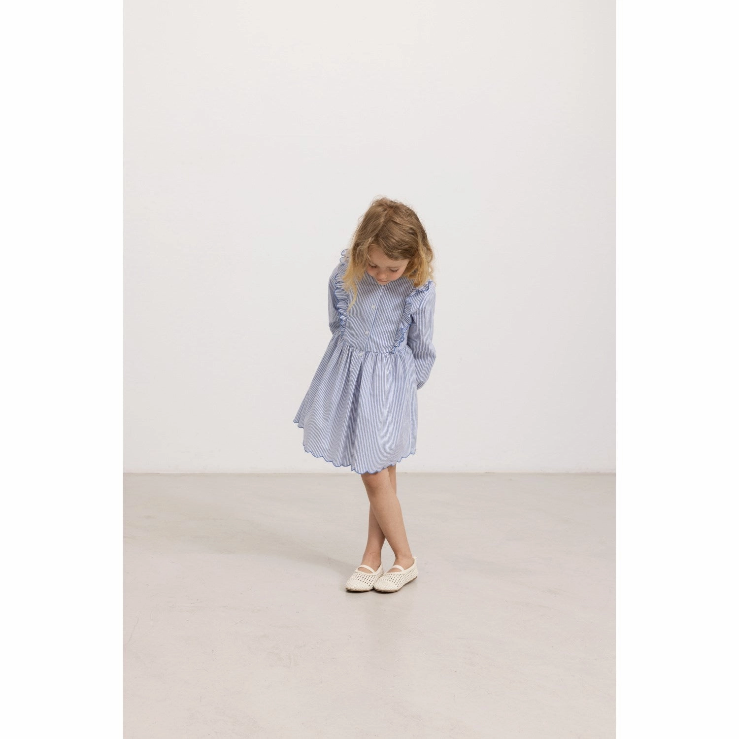 Feminine off-the-shoulder gown Vintage Vibe MarMar Poplin Bolich Blue Strips Deidra LS Dress