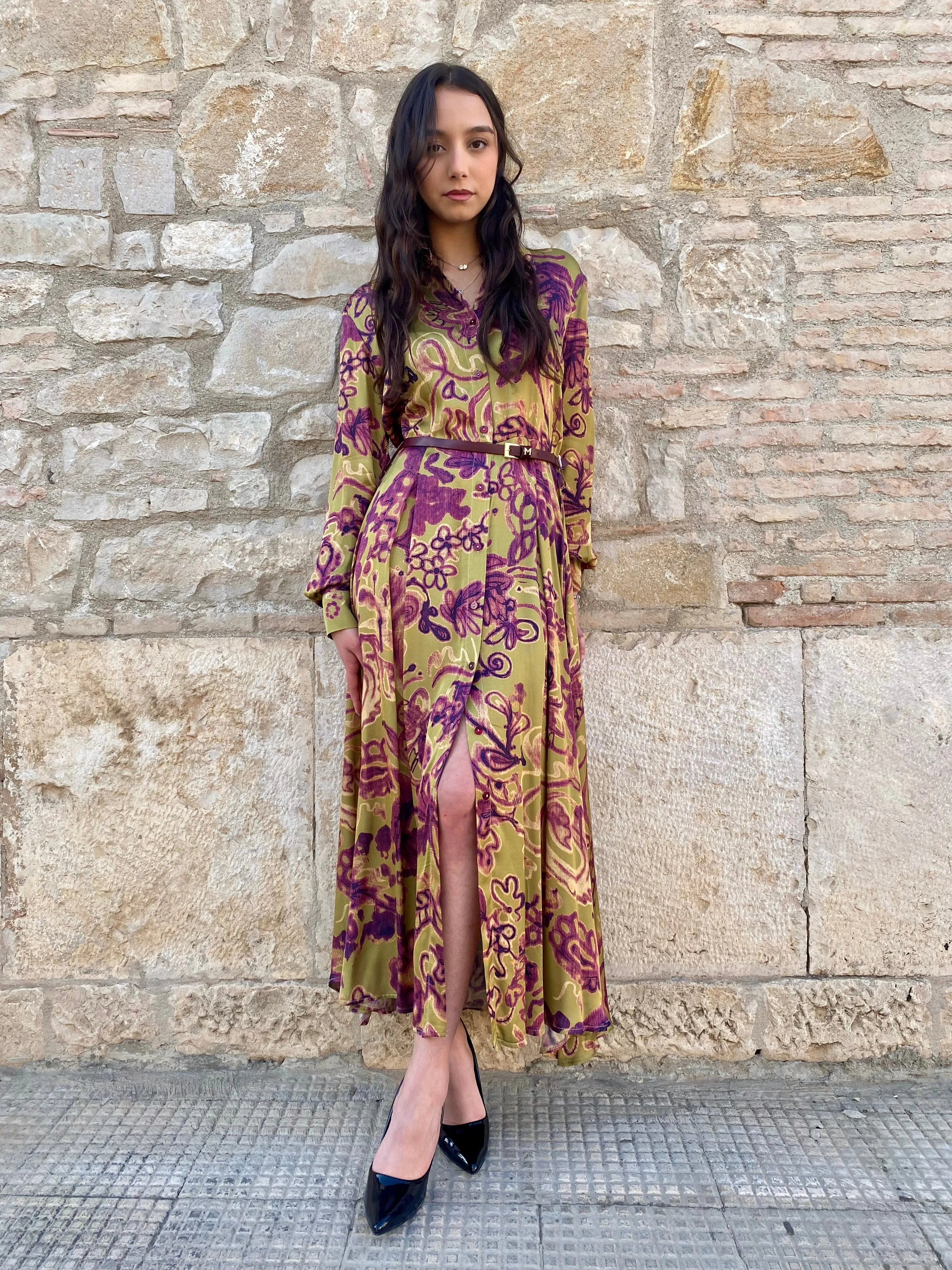 Smart Wear SoftTouchTexture Maryley abito manica lunga con cintura in cuoio 24IB313 fantasia