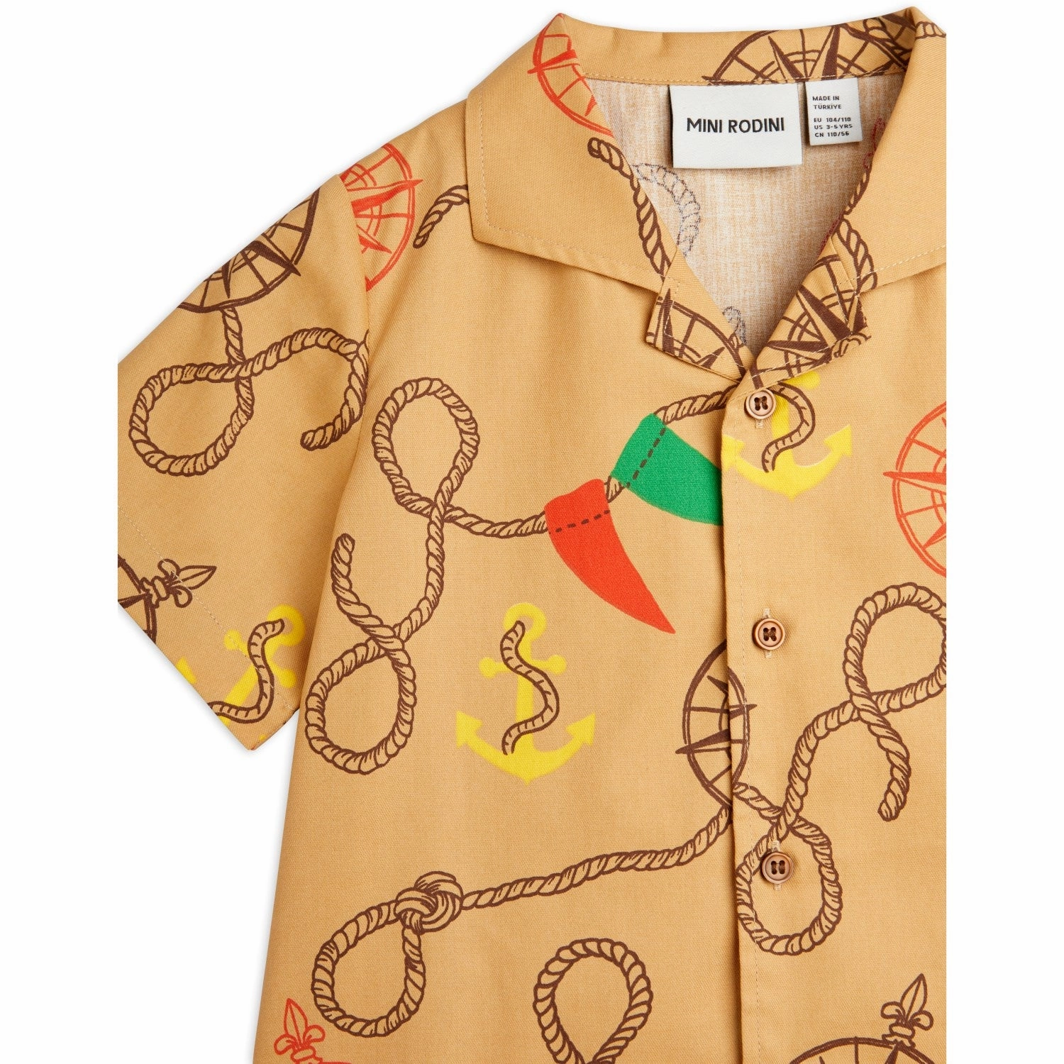 Mini Rodini Beige Nautical AOP Woven Shirt Embellished Neckline