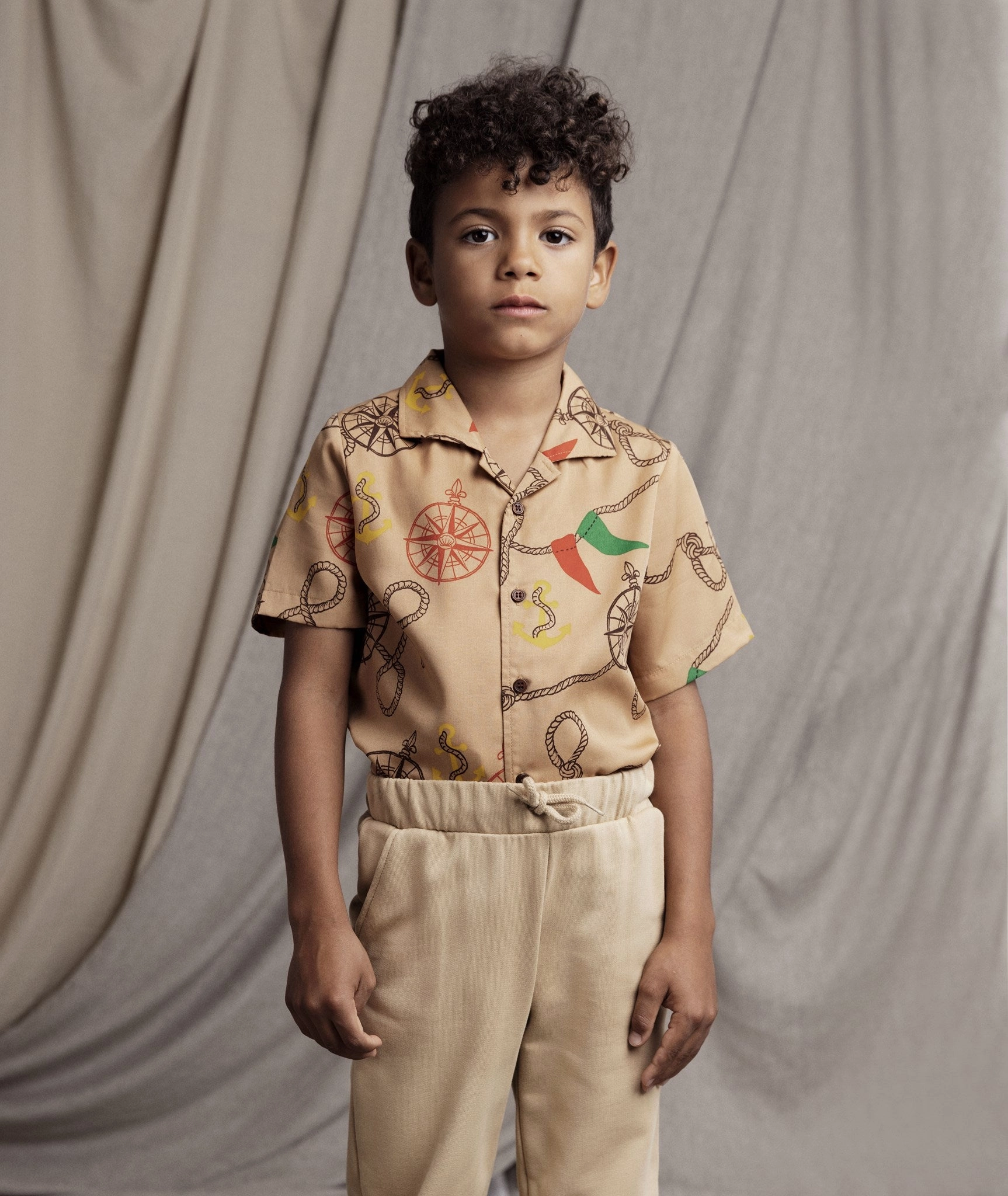 Metallic Finish Mini Rodini Beige Nautical AOP Woven Shirt