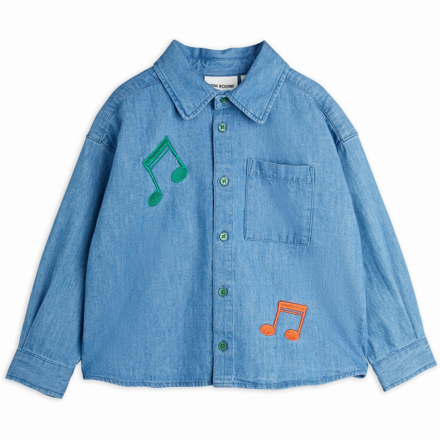 Trendy Fashion Classic Collar Mini Rodini Blue Note Embroidery Lightweight Denim Shirt