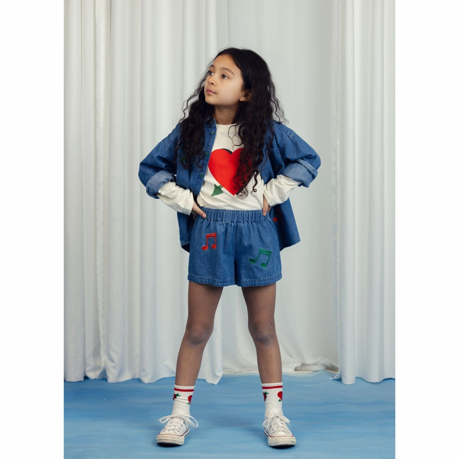 Mini Rodini Blue Note Embroidery Lightweight Denim Shirt Urban Wear Geometric Print