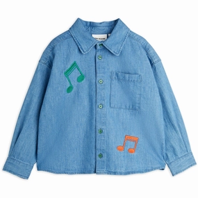 Trendy Fashion Classic Collar Mini Rodini Blue Note Embroidery Lightweight Denim Shirt