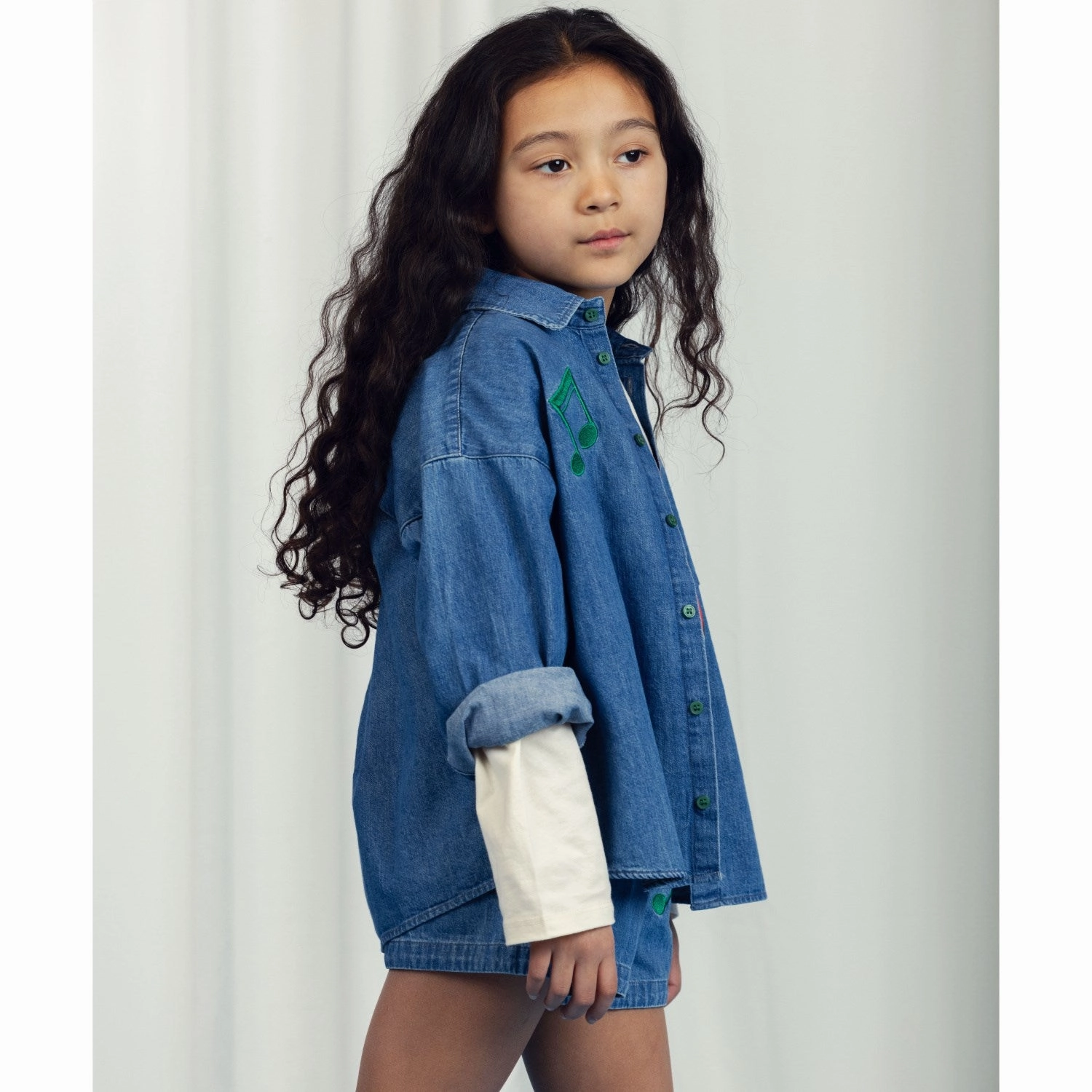 Mini Rodini Blue Note Embroidery Lightweight Denim Shirt Refined Aesthetic