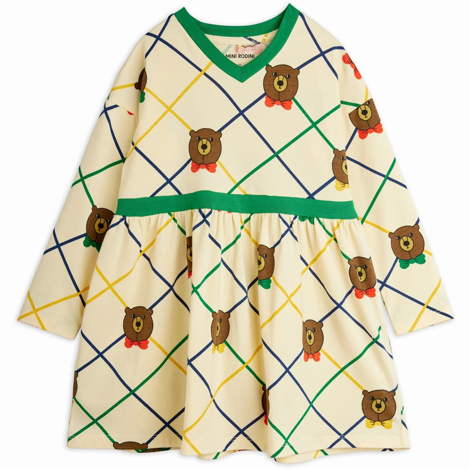 Textured Surface Comfy Style Mini Rodini Off-white Bear Check AOP Ls Dress