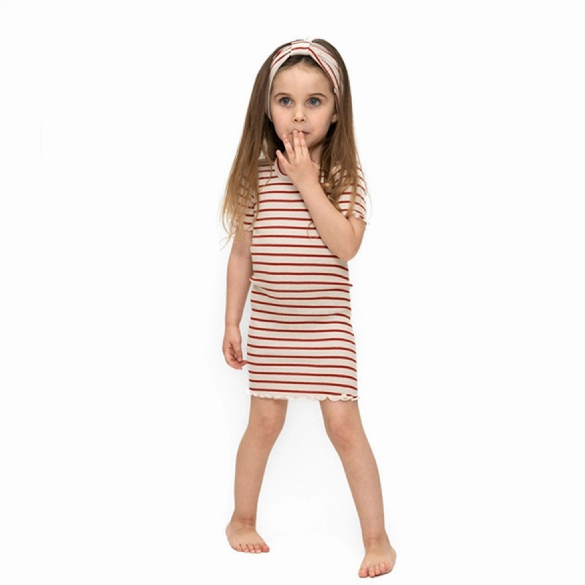 Ribbed-Texture Minimalisma Bird Dress Poppy Red And Cream Stripes