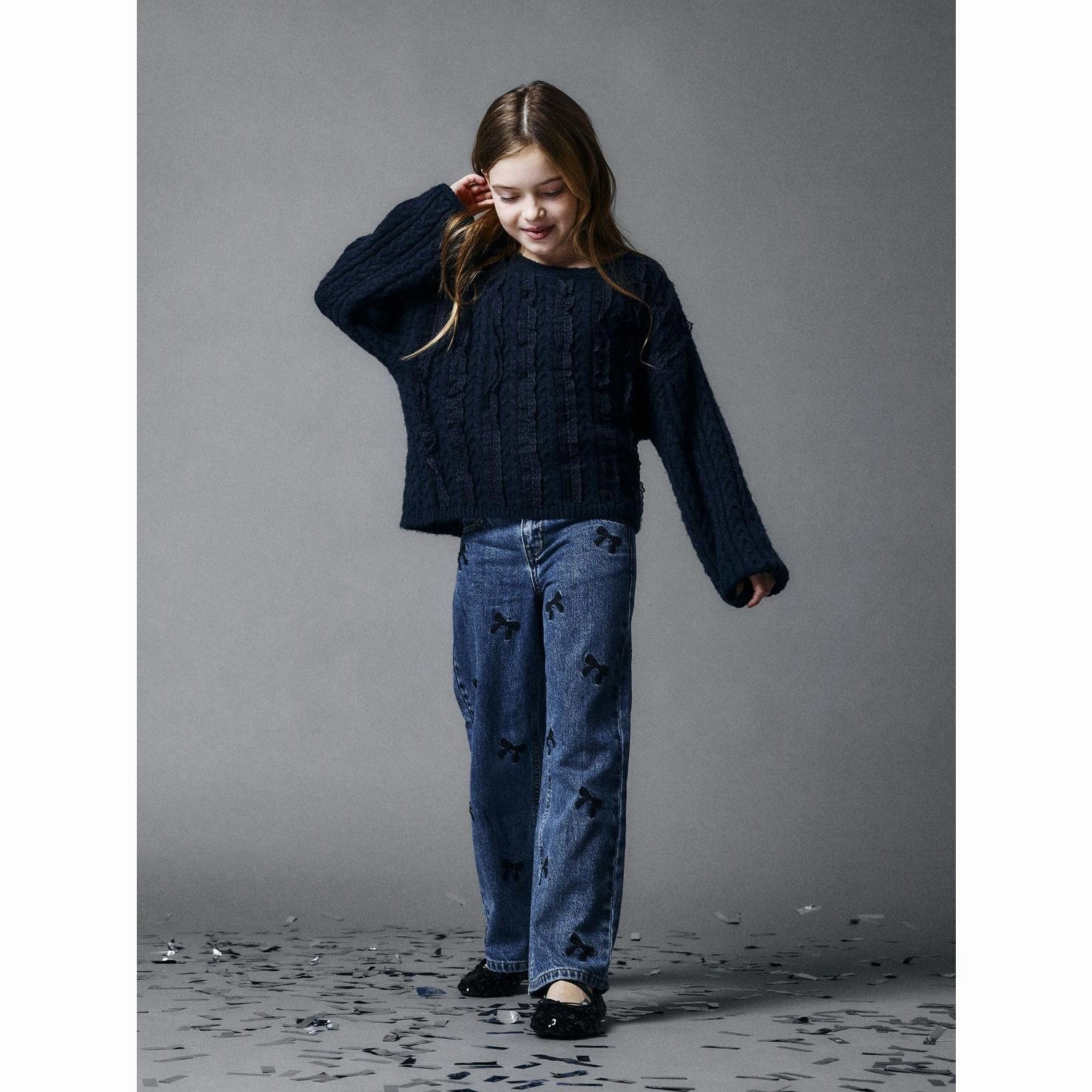 Slim Silhouette Neutral Casual Name It Dark Blue Denim Embroidery Rose Wide Jeans