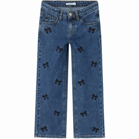 Name It Dark Blue Denim Embroidery Rose Wide Jeans Soft Date Night Street Fashion Daily Fashion