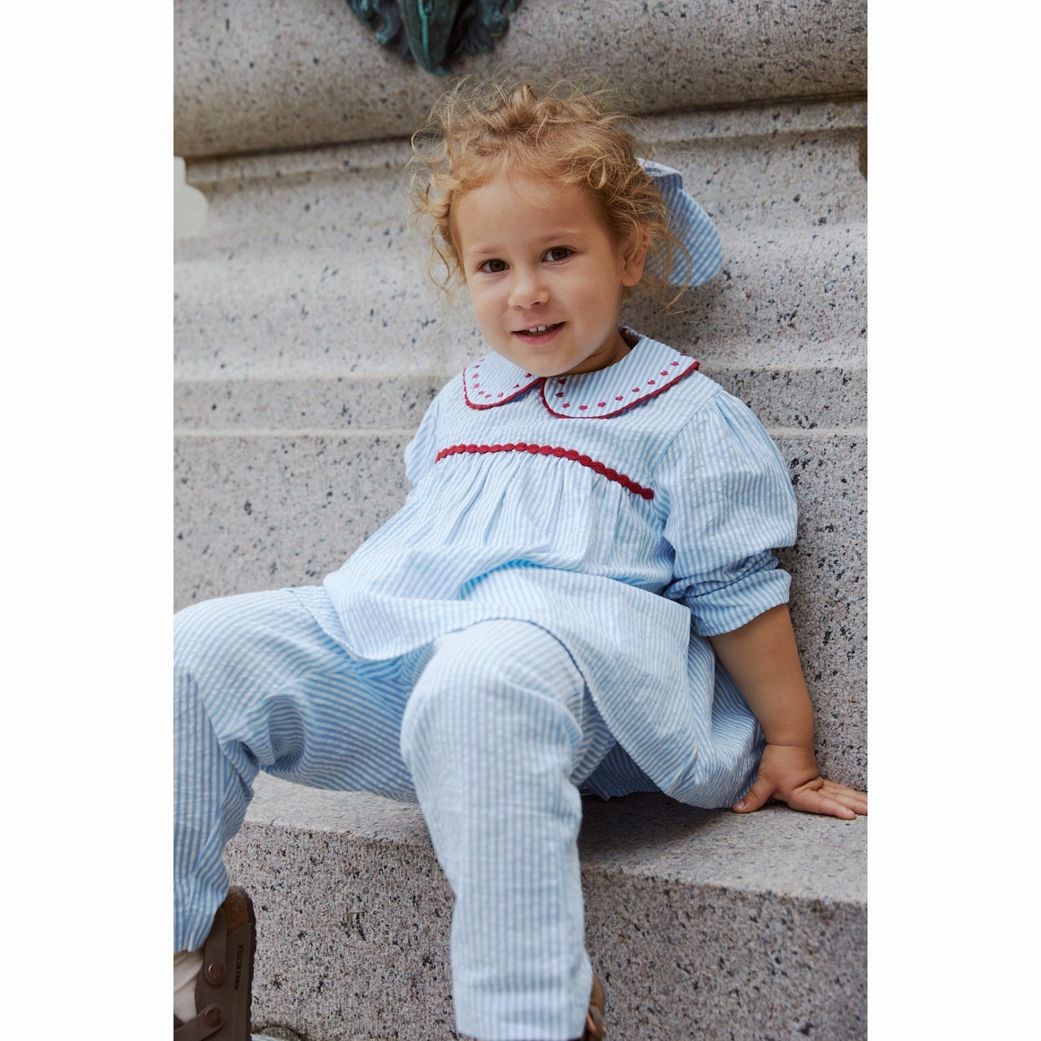 COPENHAGEN COLORS Sky Blue W Cream Stripe W. Berry Seersucker Ls Tunic W. Hearts Low Profile Pocket Design Smooth Finish