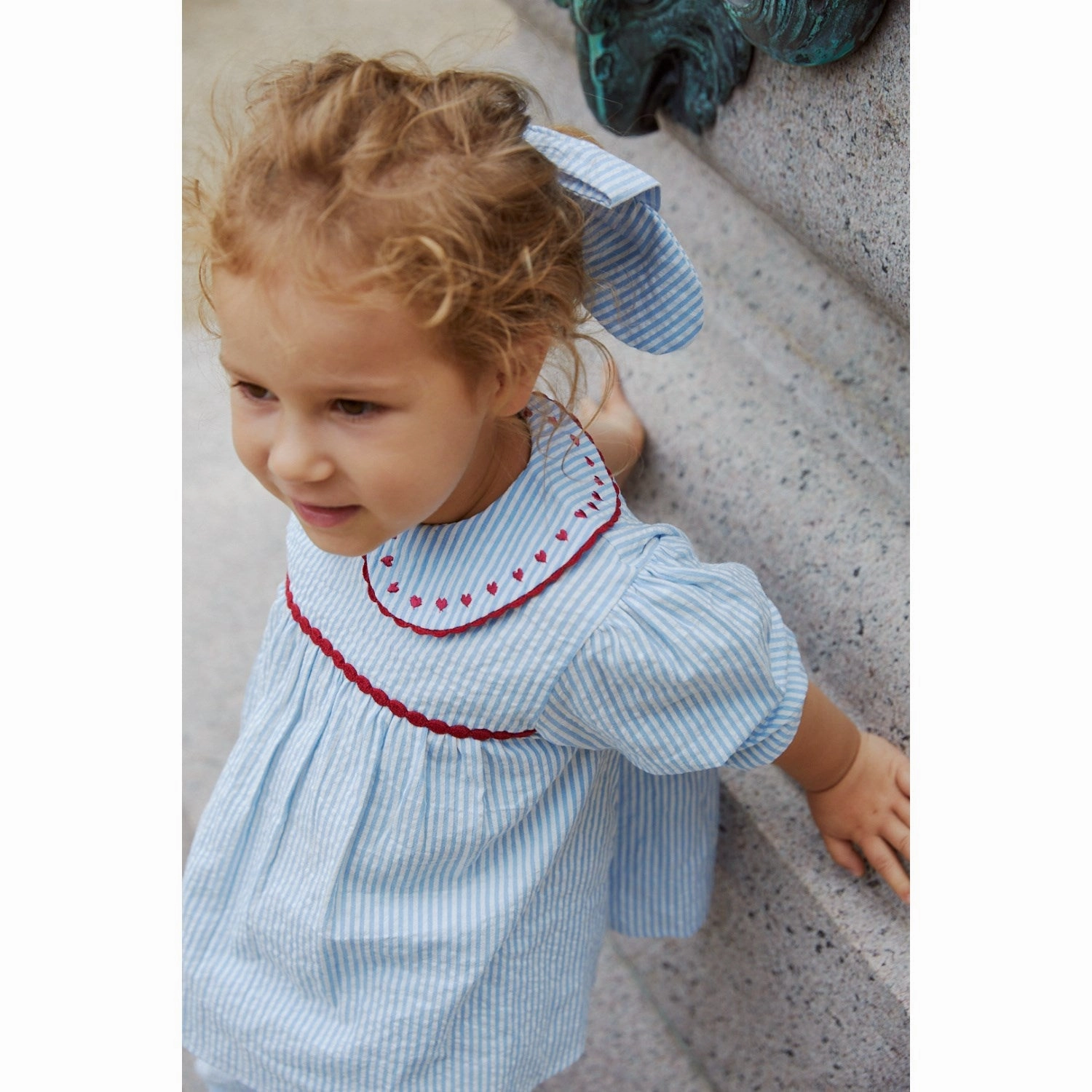 COPENHAGEN COLORS Sky Blue W Cream Stripe W. Berry Seersucker Ls Tunic W. Hearts Casual Friday Night Out