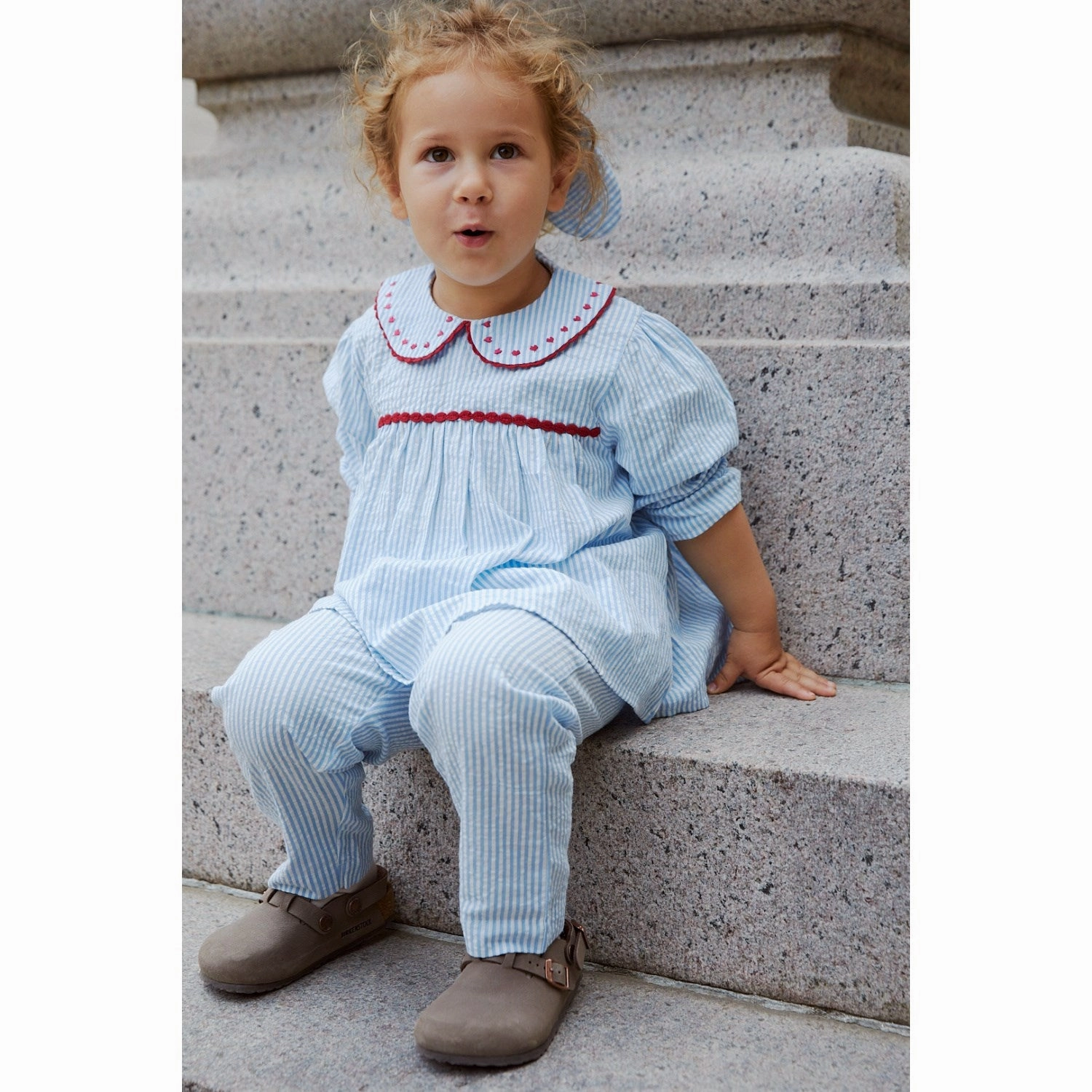 Double Needle Hemming Fast Drying COPENHAGEN COLORS Sky Blue W Cream Stripe W. Berry Seersucker Ls Tunic W. Hearts