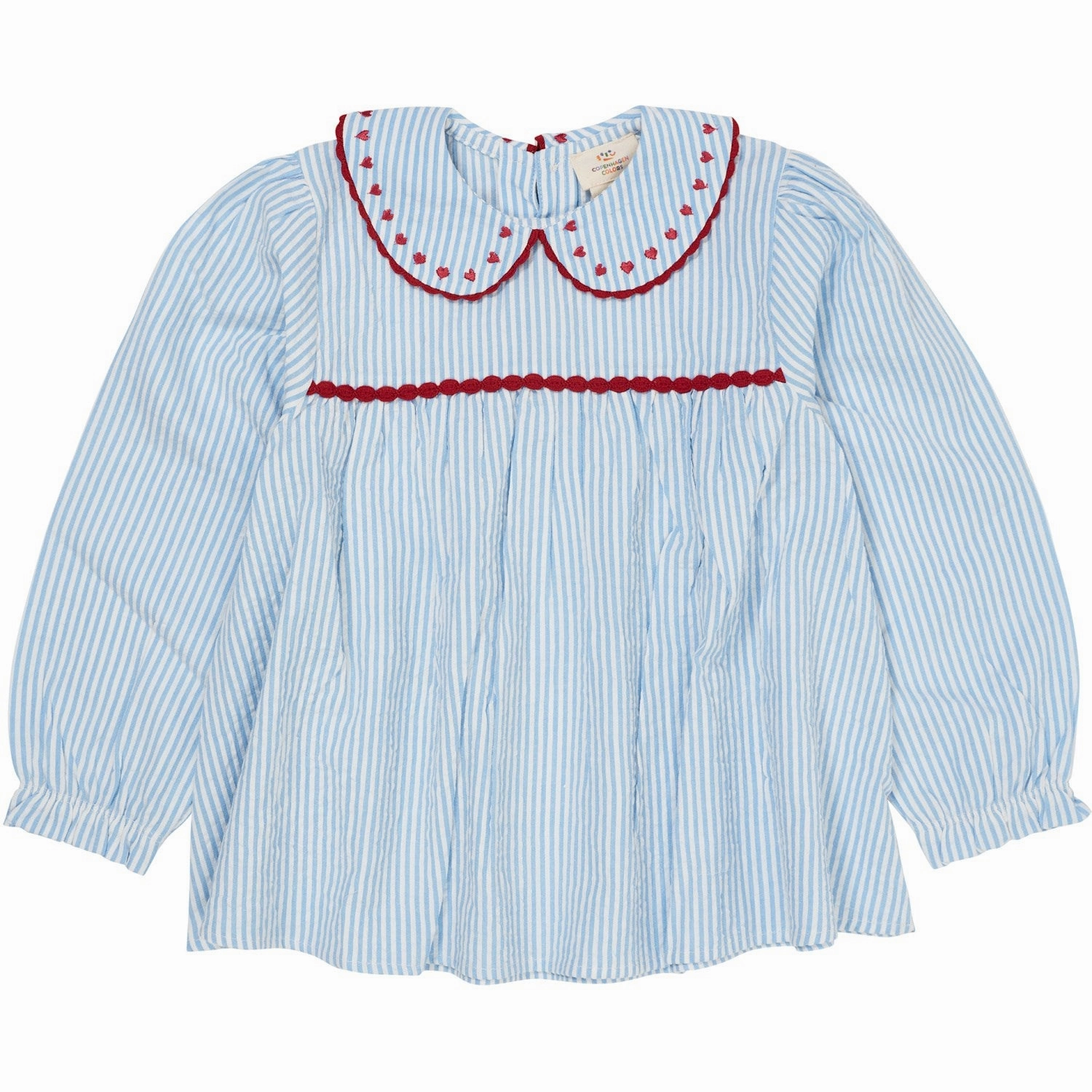 COPENHAGEN COLORS Sky Blue W Cream Stripe W. Berry Seersucker Ls Tunic W. Hearts Contrast Stitch