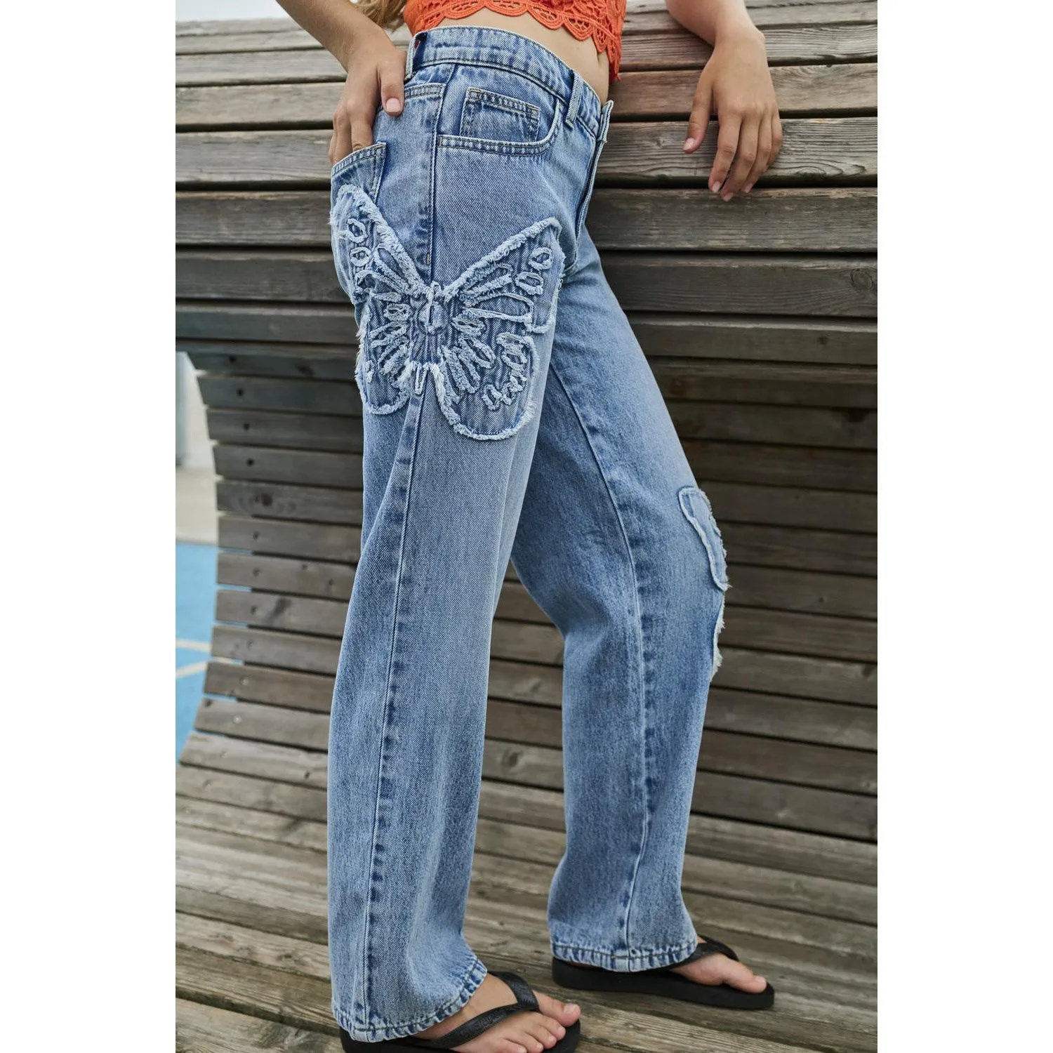 kids ONLY Light Blue Denim Butterflies Jenna Butterfly Wide Jeans Denim Weekend Wear Weighted Hemline