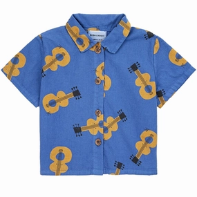 Bobo Choses Baby Acoustic Guitar All Over Woven Shirt Short Sleeve Navy Blue Glossy Texture Soft Collar Design
