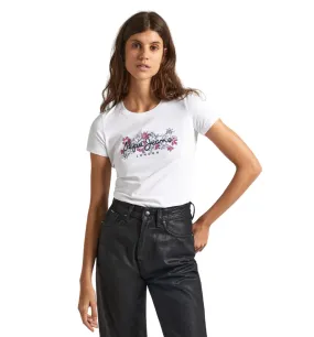 Pepe Jeans maglietta manica corta da donna con logo stampato Korina PL505834 800 bianco Casual Must-Have Layered Look Wear