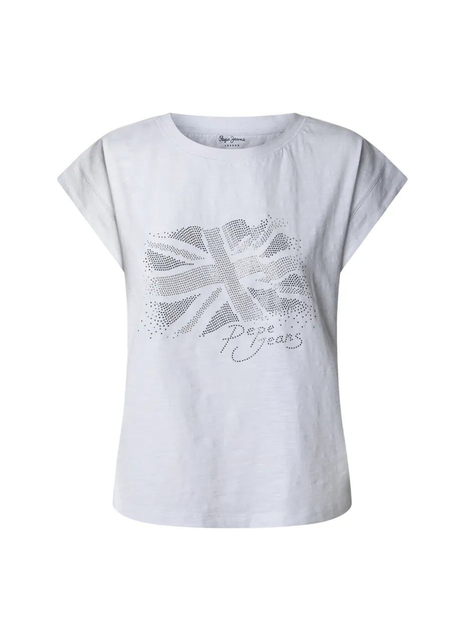 Pepe Jeans maglietta manica corta da donna con stampa a borchie Rolene PL506077 800 bianco Ribbed Collar Trim Luxury clothing