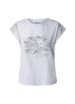 Pepe Jeans maglietta manica corta da donna con stampa a borchie Rolene PL506077 800 bianco Ribbed Collar Trim Luxury clothing