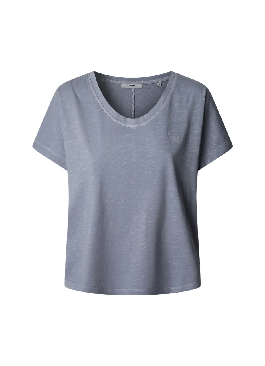 Pepe Jeans maglietta scollata manica corta da donna in cotone fiammato Malena PL506053 516 blu stordito Simple Chic