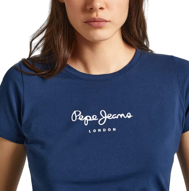 Thermoregulating Fabric Pepe Jeans maglietta slim manica corta da donna con logo stampato New Virginia PL505202 595 blu