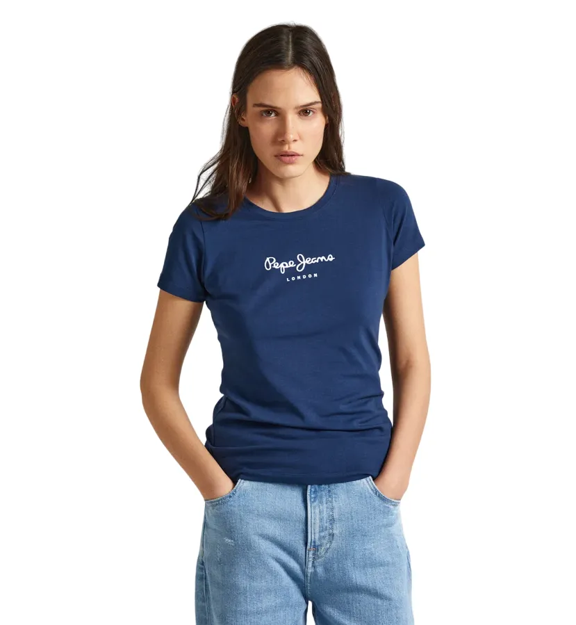 Simple Style Pepe Jeans maglietta slim manica corta da donna con logo stampato New Virginia PL505202 595 blu
