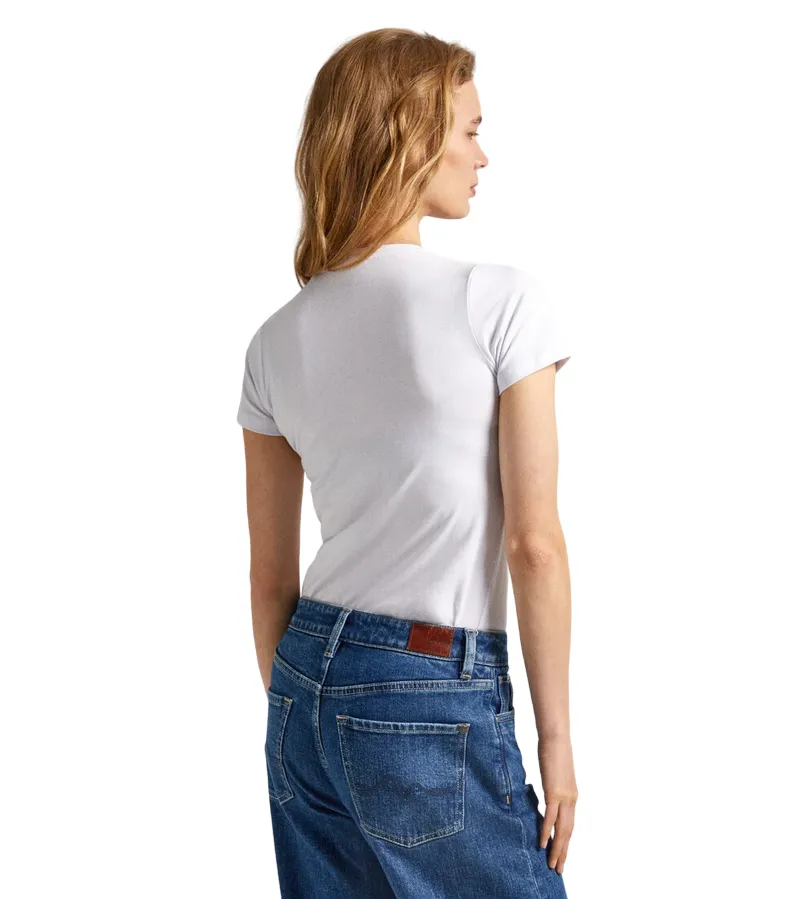 Comfy Essentials Wear Pepe Jeans maglietta slim manica corta da donna con logo stampato New Virginia PL505202 800 bianco