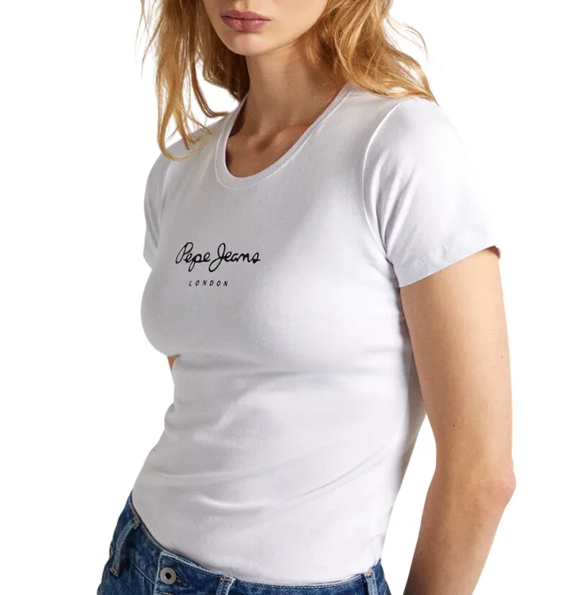 Pepe Jeans maglietta slim manica corta da donna con logo stampato New Virginia PL505202 800 bianco Seam Free Shoulders
