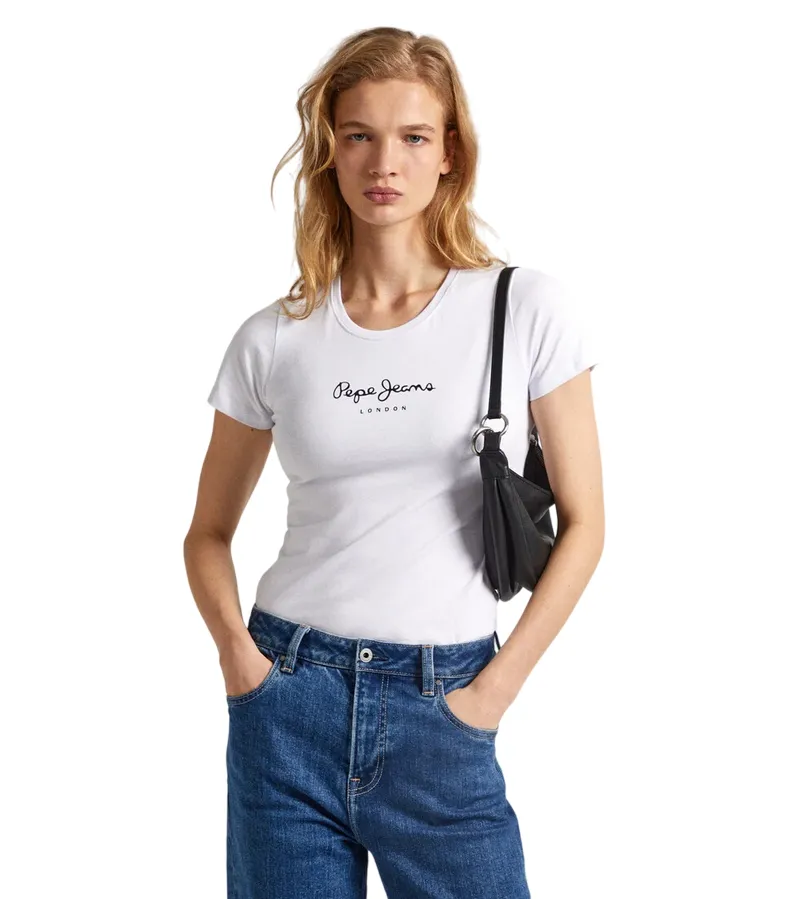 Everyday Layering Pepe Jeans maglietta slim manica corta da donna con logo stampato New Virginia PL505202 800 bianco