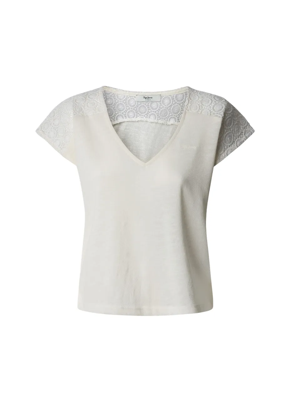 Pepe Jeans maglietta smanicata a costine da donna con scollo a V e pizzo Vernetta PL506061 808 panna BiodegradableMaterial