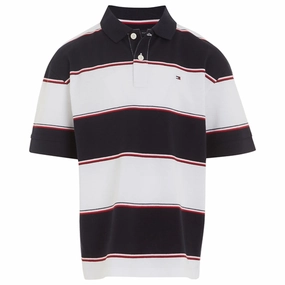 Tommy Hilfiger Global Rugby Stripe Polo T-Shirt White/Blue Stripe Travel Ready