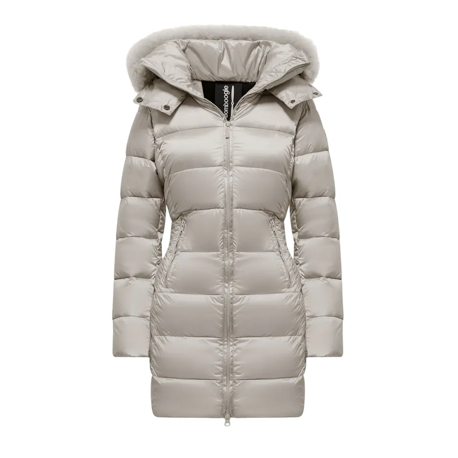 Bomboogie Piumino da donna in nylon lucido con pelliccia CW636LTDLC4 503 grigio cristallo Recycled Material