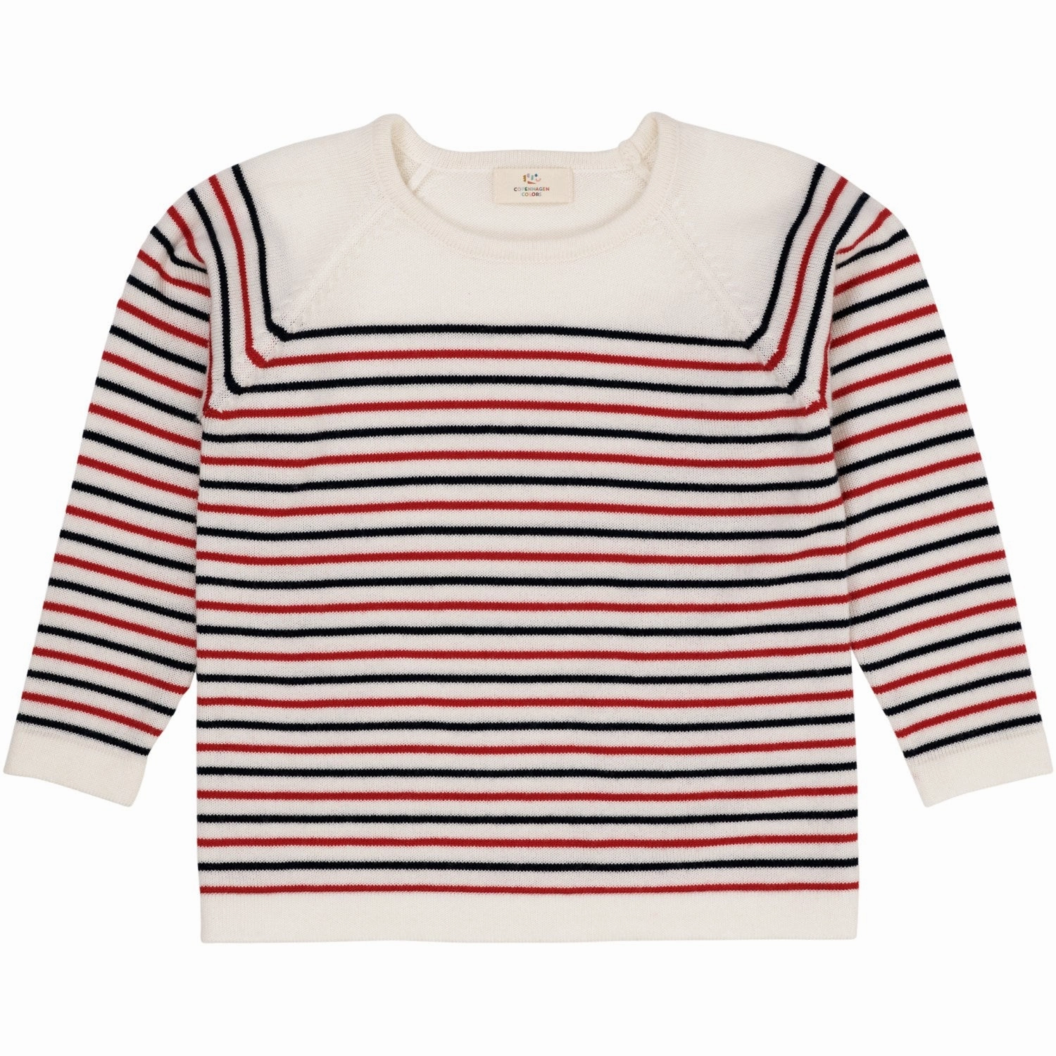 Copenhagen Colors Cream/Navy/Red Combi Merino Striped Blouse Relaxed Silhouette Hooded Neckline