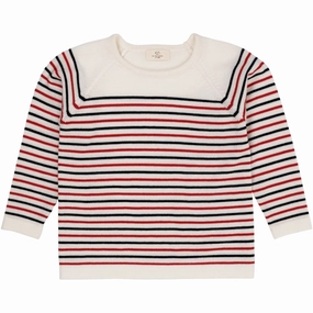 Copenhagen Colors Cream/Navy/Red Combi Merino Striped Blouse Relaxed Silhouette Hooded Neckline