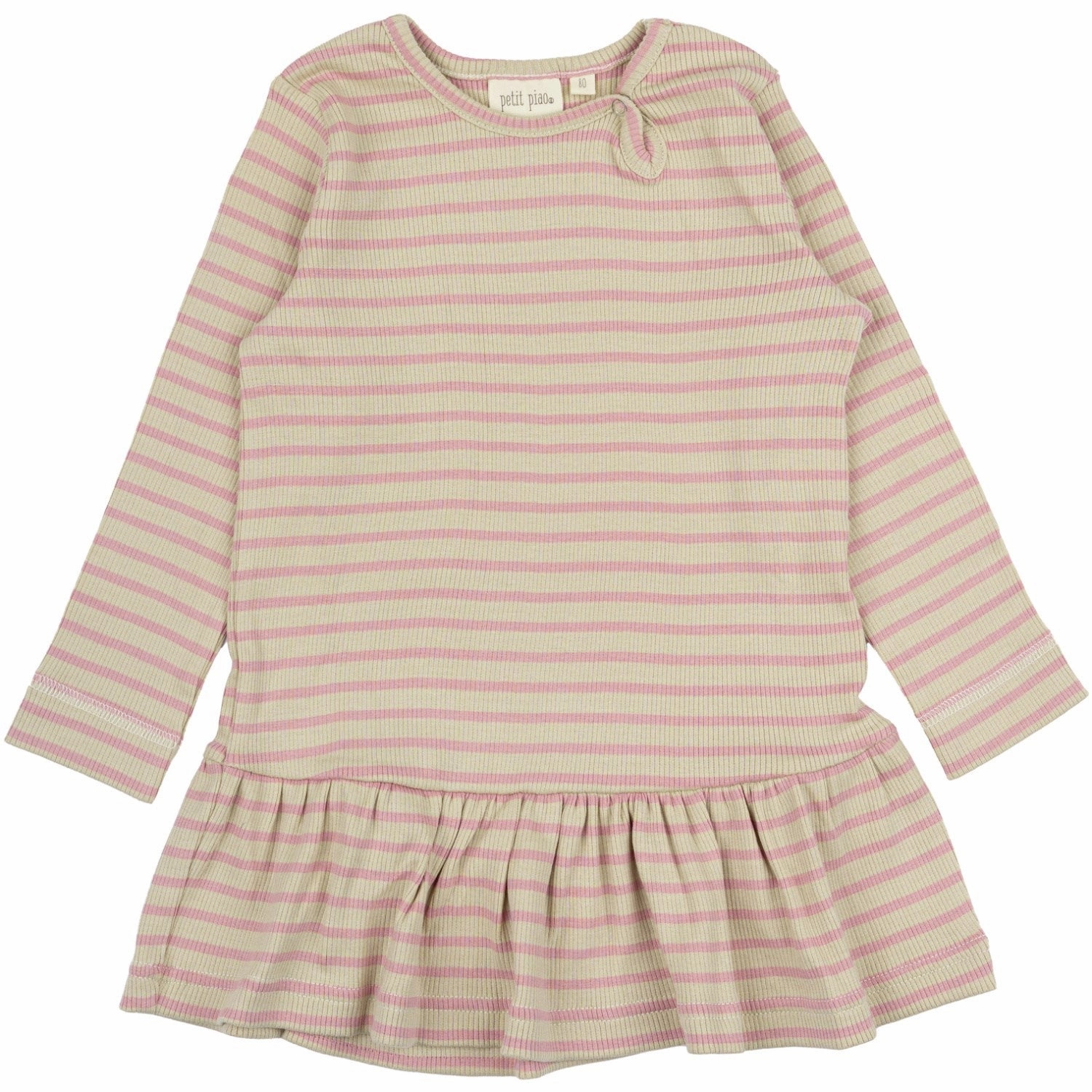 Petit Piao Bright Rose/Dark Off White Dress L/S Modal Striped Cut-Out-Detail