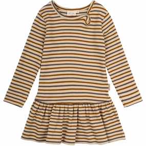 Petit Piao Chocolate Brown/Golden Sun/Dark Off White Dress Modal Striped Sharp Design Chic Ensemble