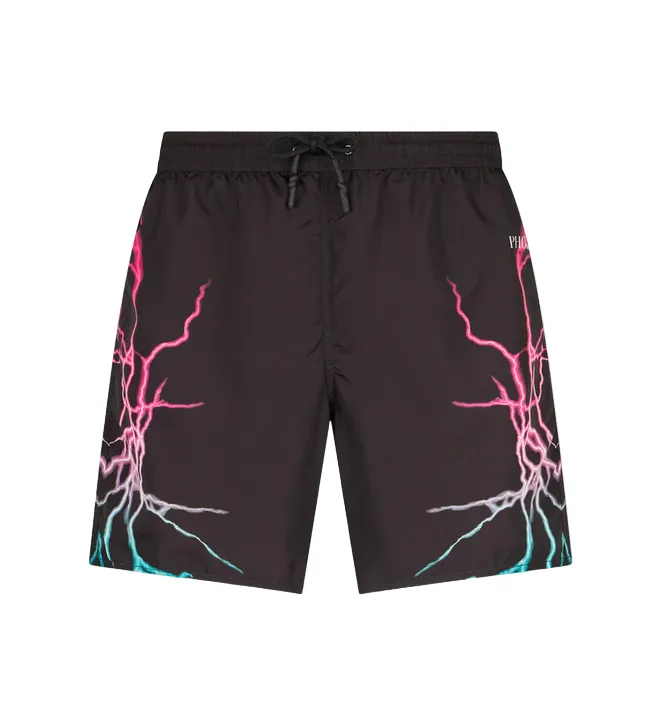 Bonded Seam Technology Phobia costume da bagno da uomo nero PH00679 stampa fulmini bicolore rosa-blu