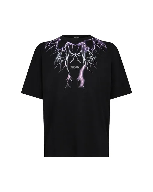 No Shrink Technology Reinforced Shoulder Seams Phobia T-shirt unisex nera viola con fulmini PH00105PUGRFU viola grigio fuxia