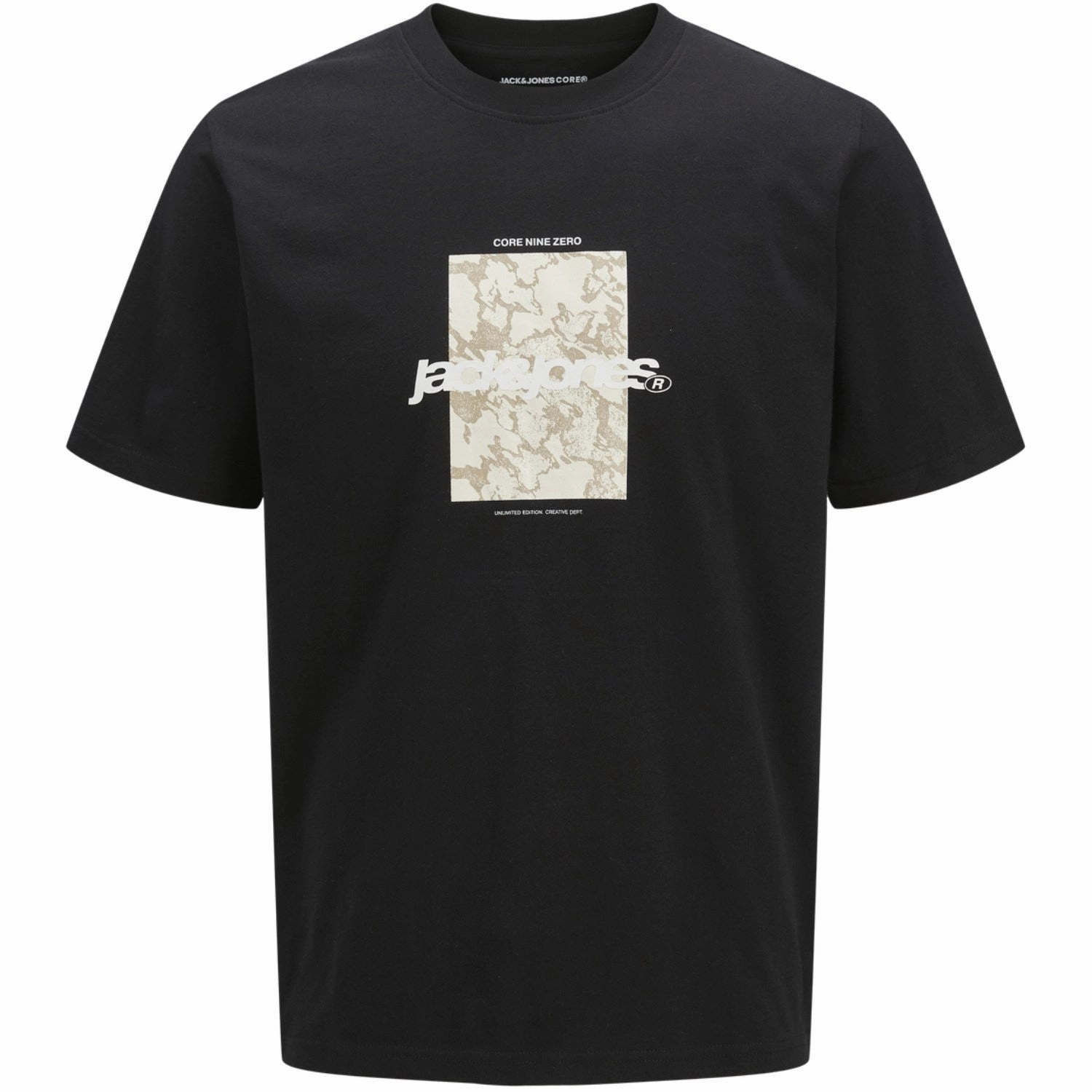 Sophisticated Casual Premium Comfort Jack & Jones Junior Black Tarmac Camo Front T-Shirt Crew Neck