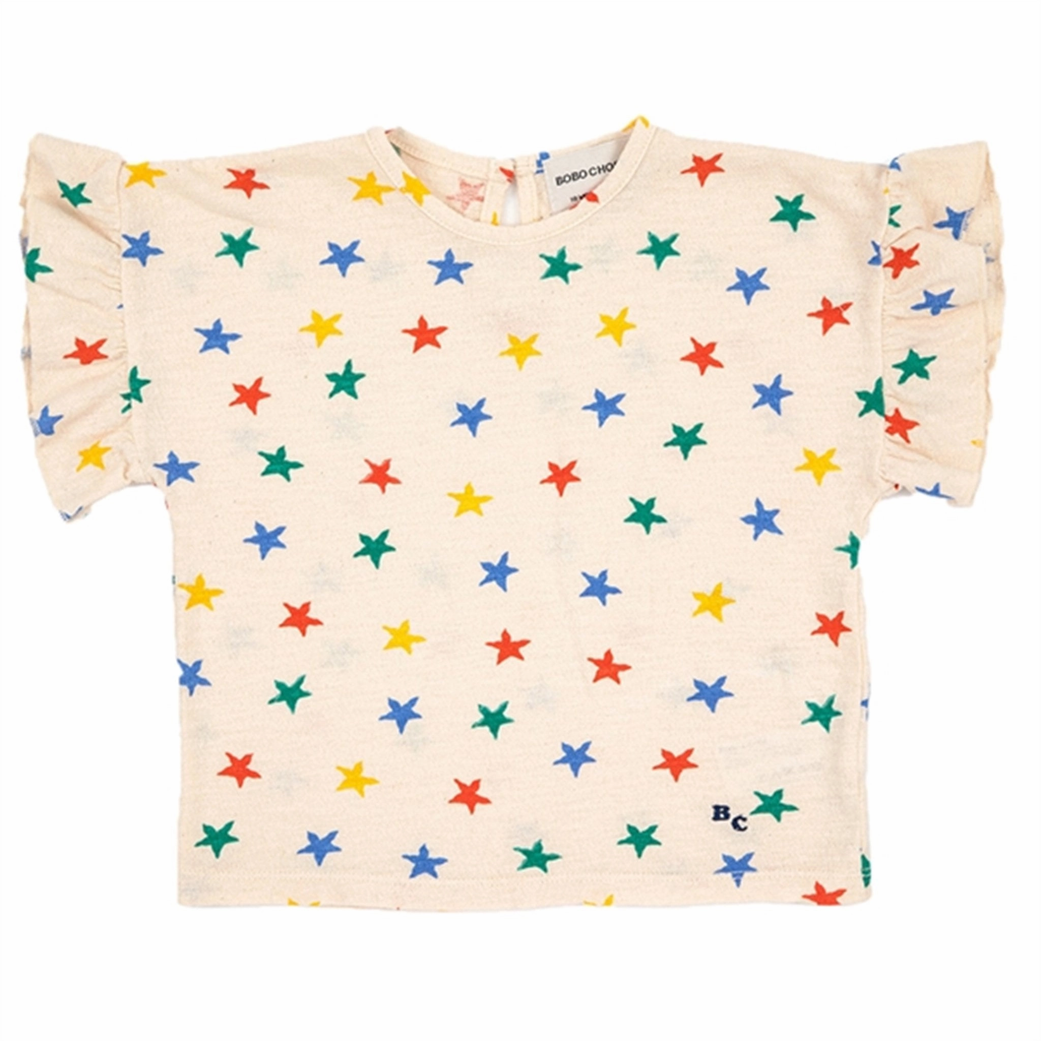 Fade Resistant Print Essential Wear Bobo Choses Offwhite Multicolor Stars All Over Ruffle T-Shirt