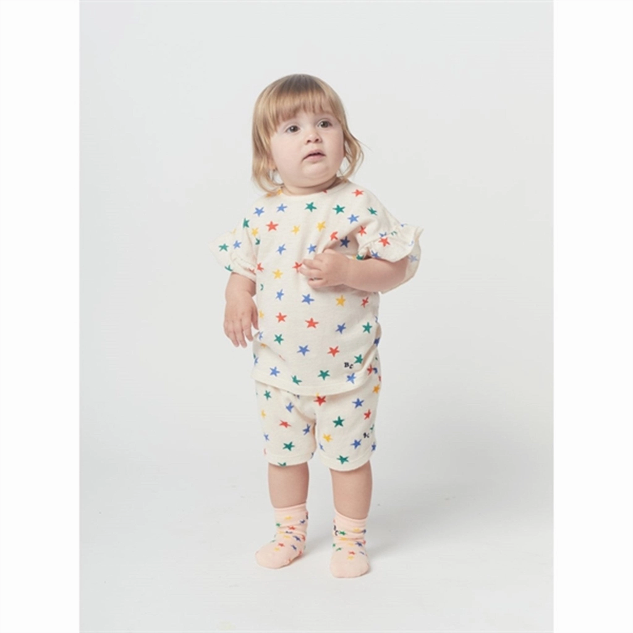 Bobo Choses Offwhite Multicolor Stars All Over Ruffle T-Shirt MicroPiqueKnit