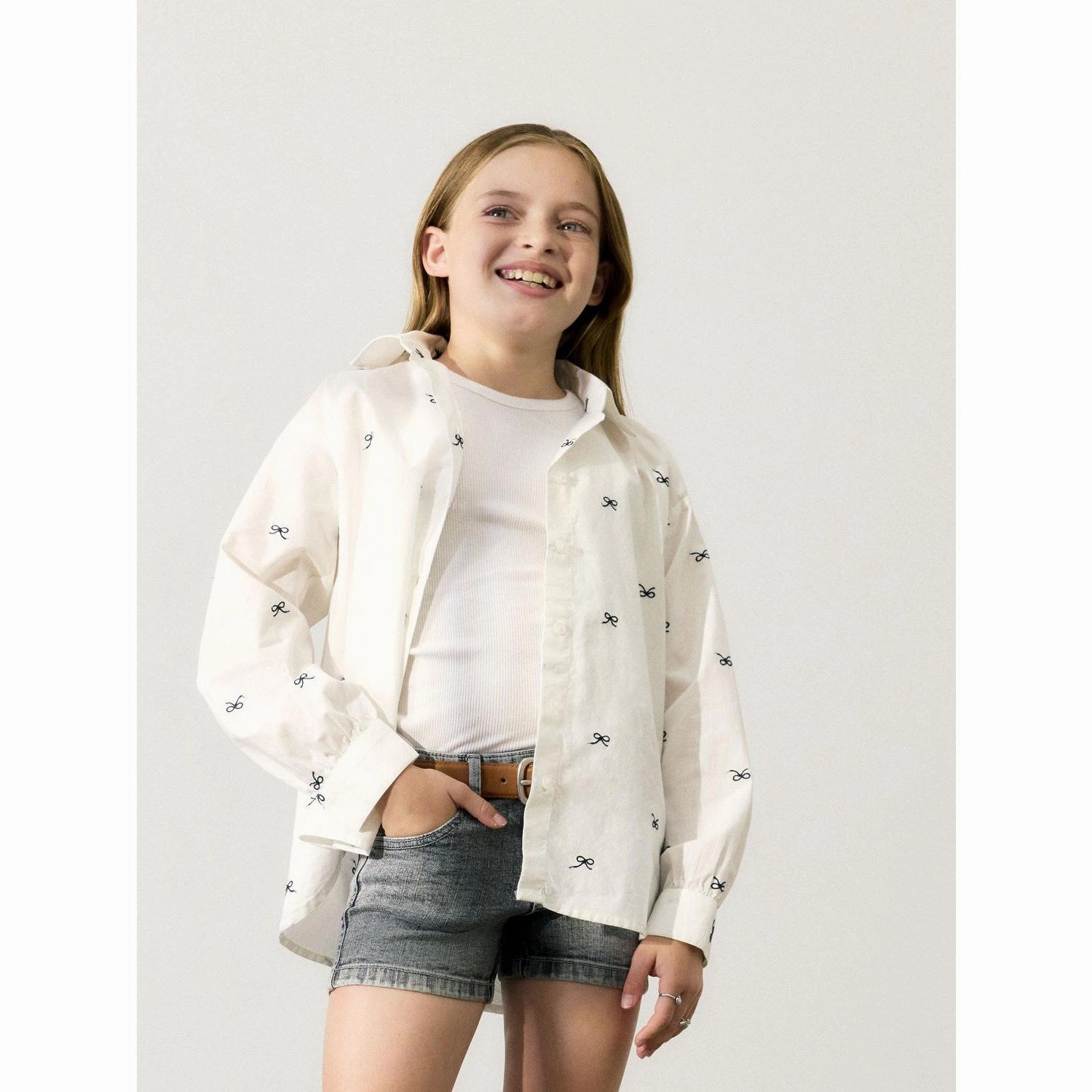 Name It Bright White Bow Filippas Oversize Long Shirt Chambray Fabric