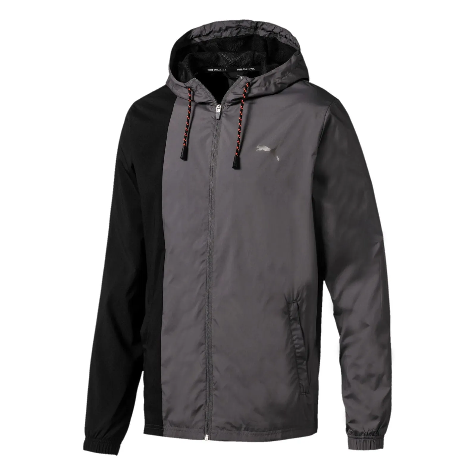 Puma Collective Woven Giacca a vento con cappuccio grigio nero 518384 03 Cozy Lining Thrive